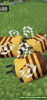 Pixelated Minecraft bees on green grass.