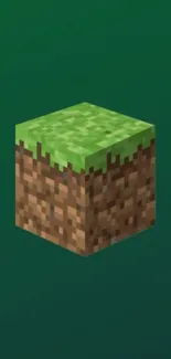 3D Minecraft block with green and brown on a dark green background.