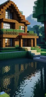 3D pixelated cabin by a tranquil pond surrounded by lush green landscape.