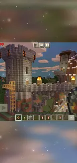 Minecraft game wallpaper featuring a castle at sunset, with pixelated design.