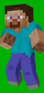 Pixelated Minecraft character on green background wallpaper.