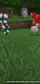 Minecraft wallpaper with chicken and hearts on green grass.