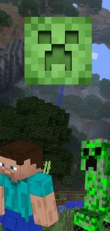 Minecraft wallpaper featuring Steve and Creeper.