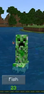 Minecraft Creeper fishing in lake wallpaper.