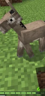 Minecraft donkey standing on green grass in a blocky style background.