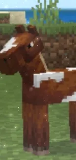 Minecraft mobile wallpaper with horses and blue sky.