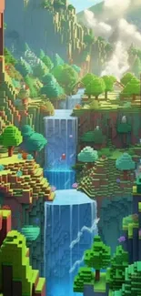 Minecraft nature art wallpaper with a waterfall and lush landscape.