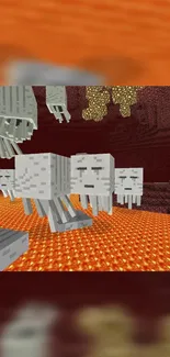 Minecraft Nether with Ghasts floating over lava, perfect for gaming fans.