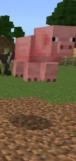 Minecraft scene with pig and cow on a grassy field.