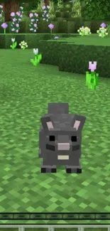 Minecraft pig among colorful flowers in a lush, green field.