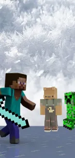 Dynamic Minecraft snow scene with characters.