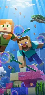 Minecraft characters underwater with sea creatures in vibrant coral reef scene.