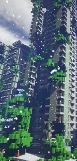 Minecraft cityscape with urban jungle theme, featuring tall buildings and greenery.