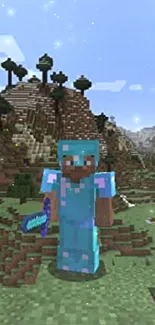 Minecraft warrior in a scenic adventure landscape with armor and sword.