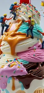 Mini climbers scaling a colorful ice cream tower.