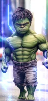 Mini Hulk in green shorts on street phone wallpaper.