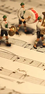 Miniature band figures on detailed sheet music background.