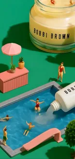 Miniature figures in a poolside scene with beauty products.