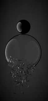 Minimal black sphere on a dark background with abstract fragments.