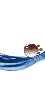 Minimalist wallpaper with pufferfish on a blue wave.