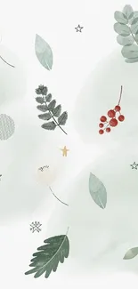 Minimalist wallpaper with leaves, flowers, and berries on a soft green background.