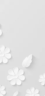 Minimal white floral wallpaper with paper flowers on light gray background.