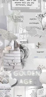 Minimalist grayscale collage with inspirational quotes and nature elements.