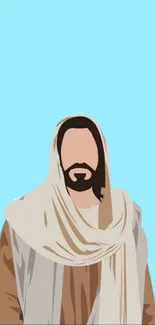 Minimalist Jesus art on a sky blue background.