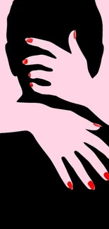 Silhouette with hands on pink background and red nails.