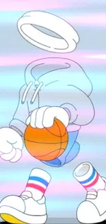 Minimalist cartoon character dribbling a basketball on light blue background.