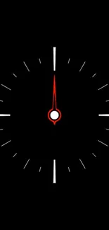 Minimalist black clock with red hand on a dark background.