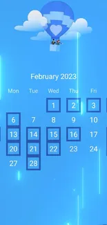 Blue hot air balloon calendar wallpaper for February 2023.