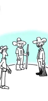 Minimalist cartoon depicting three cowboys standing and conversing.