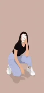 Minimalist cartoon woman with phone on pastel background.