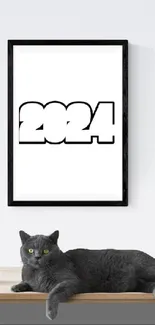 Minimalist 2024 wallpaper featuring gray cat and framed art.