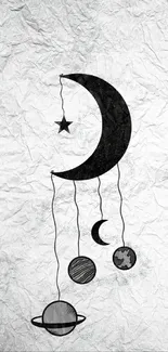 Minimalist black and white celestial wallpaper featuring the moon and planets.