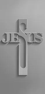 Stylized gray cross with 'Jesus' text on minimalist wallpaper.