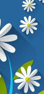 Minimalist daisy art wallpaper with blue background and floral elements.