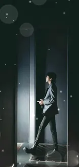 Minimalist dark corridor with person in elegant lighting.