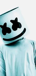 Minimalist DJ-style helmet with smiling face on cyan background.