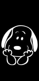 Minimalist black and white cartoon dog wallpaper on black background.