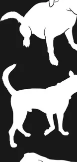 Black wallpaper with white dog silhouettes, creating modern minimalist art.