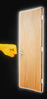 Illustration of a punch hitting a wooden door with black background.