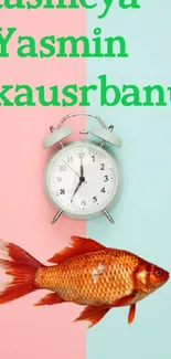 Minimal art wallpaper with goldfish, clock, and pastel pink-blue background.