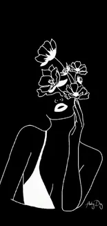 Minimalist black and white floral line art on a mobile wallpaper.