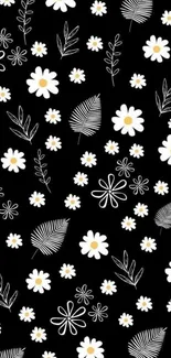 Black wallpaper with white daisy floral pattern.