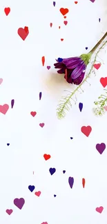 Minimalist mobile wallpaper with purple flower and stems on white background.