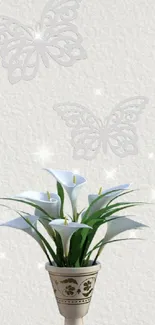 White lilies in vase with butterfly design on a minimalist background.