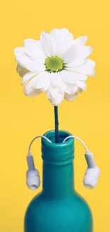 Minimalist daisy in teal vase on yellow background wallpaper.