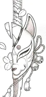 Minimalist sketch of a Japanese fox mask with delicate details.